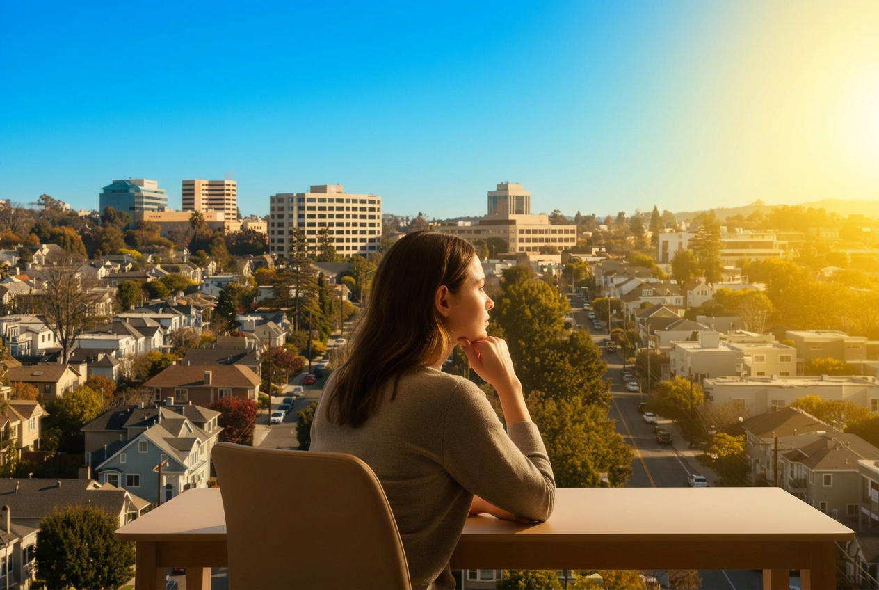 A woman at a desk in a warm home study overlooking a vibrant sunlit city of colorful homes and buildings